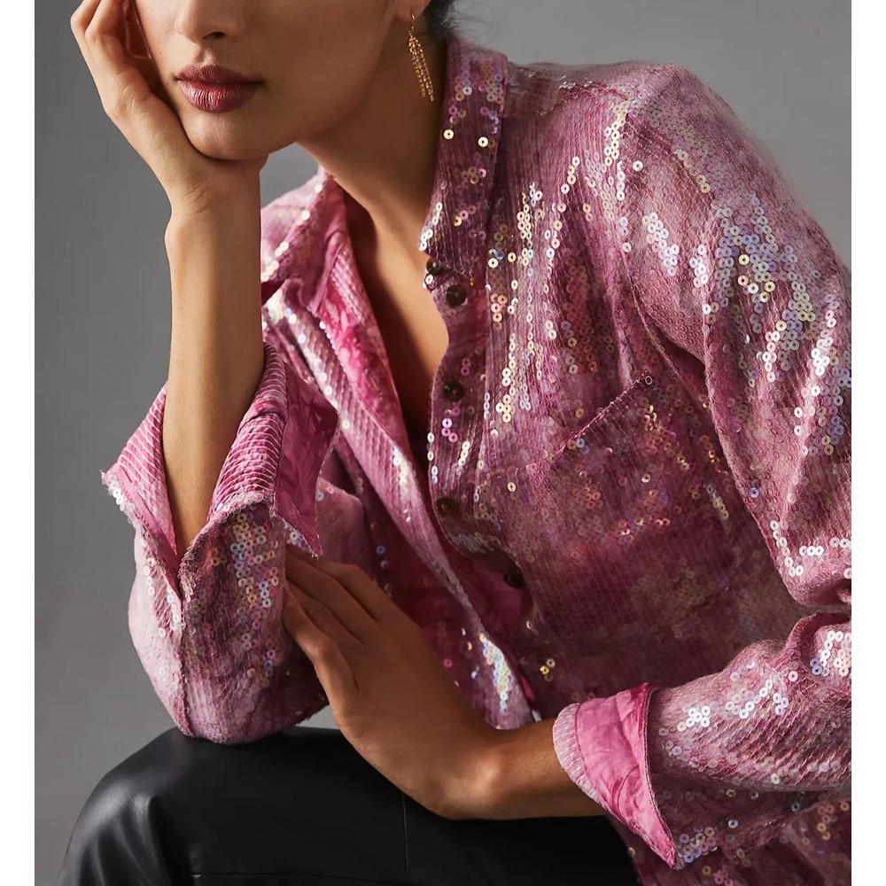 Pilcro Anthropologie Shrunken Sequin Blouse Size M Pink Sparkling Glamour Chic
